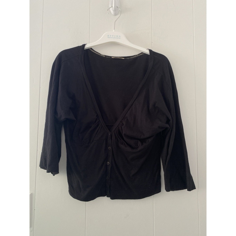 VTG Y2K Ogle Nora Top Black 100% Cotton Ruched Bust Snap Front Blouse L USA